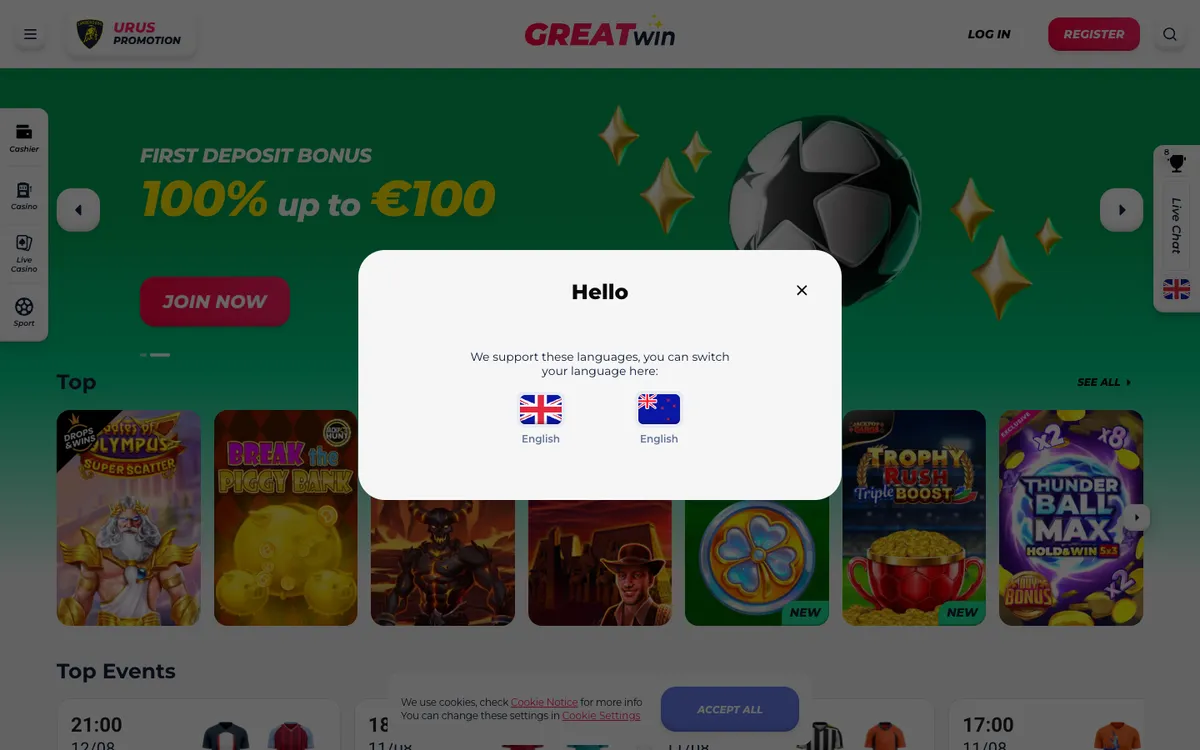 GreatWin Casino — «Главная», снято из страны Новая Зеландия
