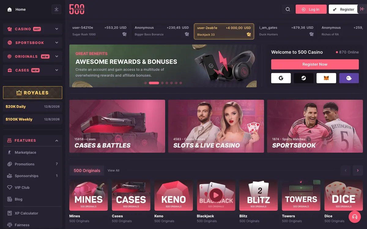 500 Casino — Home page, captured from Czechia