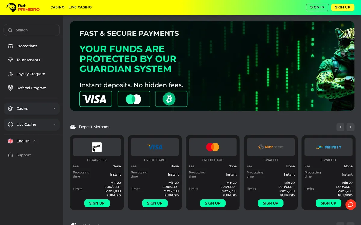 BetPRIMEIRO Casino — «Платежи», снято из страны Норвегия
