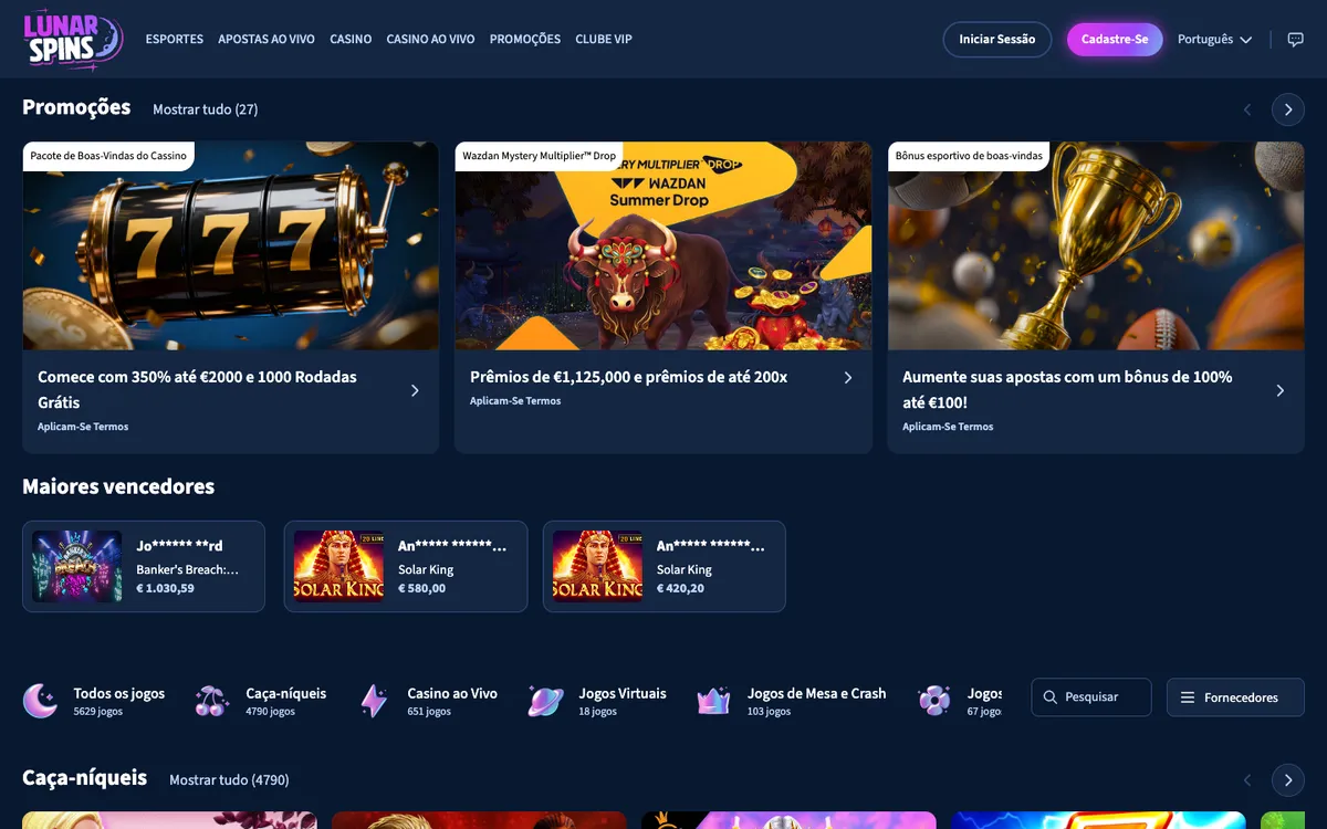 Lunarspins Casino — Home page, captured from Brazil