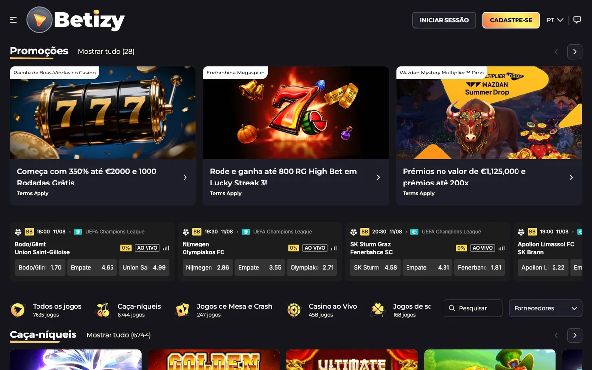 Betizy Casino — Home page, captured from Portugal