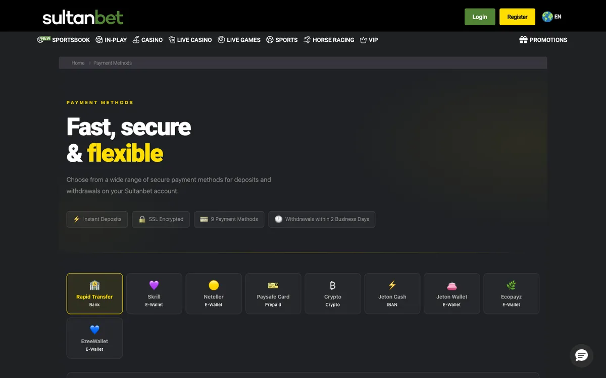Sultanbet Casino — Payments, captured from Austria