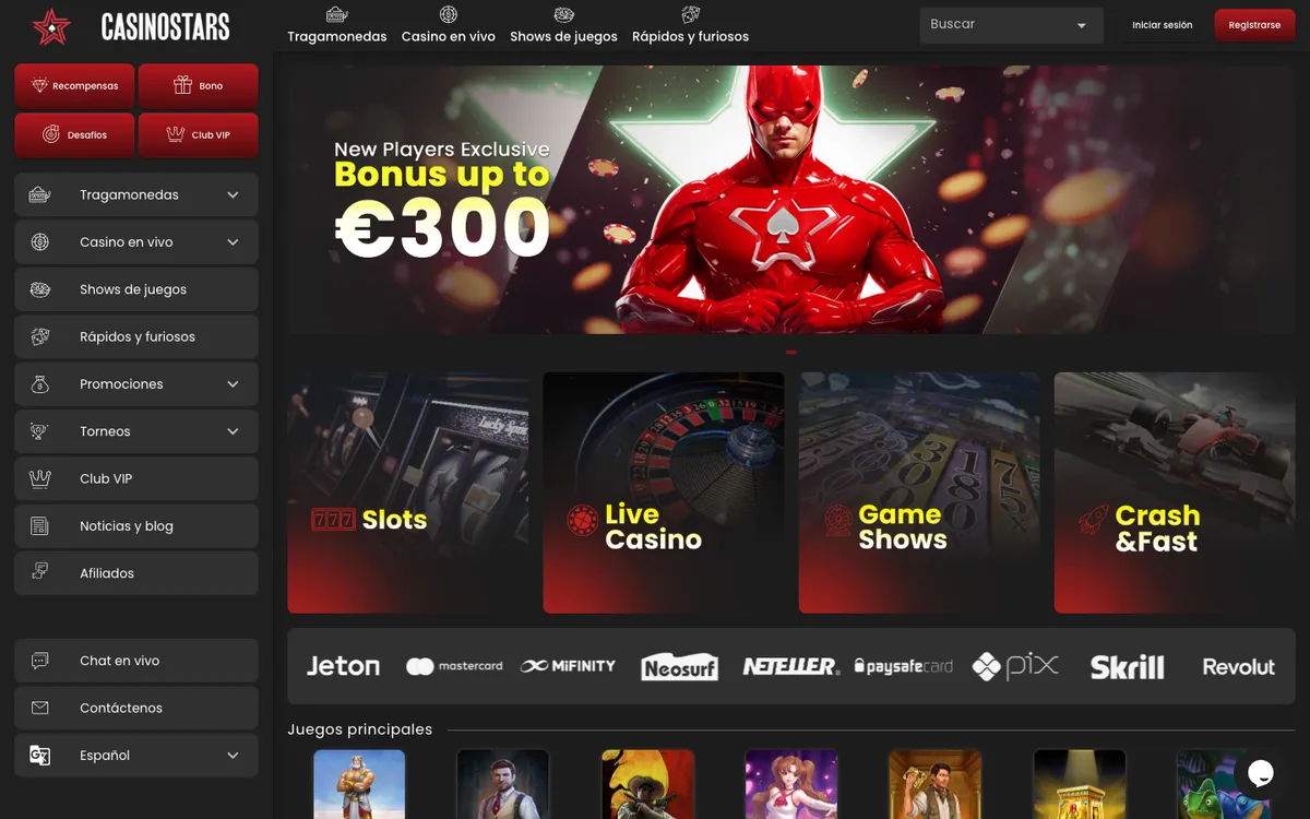 Casinostars.io — Home page, captured from Spain