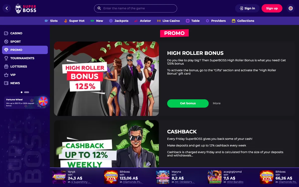SuperBoss Casino — Promotions, captured from Australia