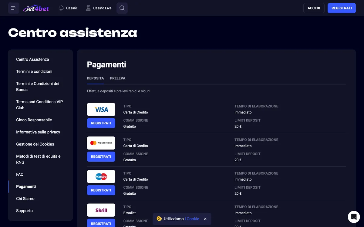 Jet4bet Casino — Payments, captured from Italy