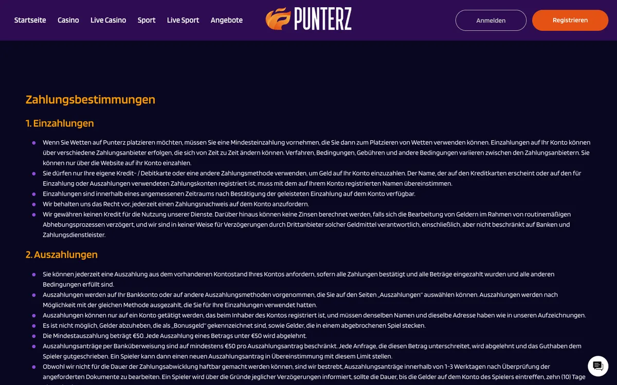 Punterz Casino — Payments, captured from Switzerland