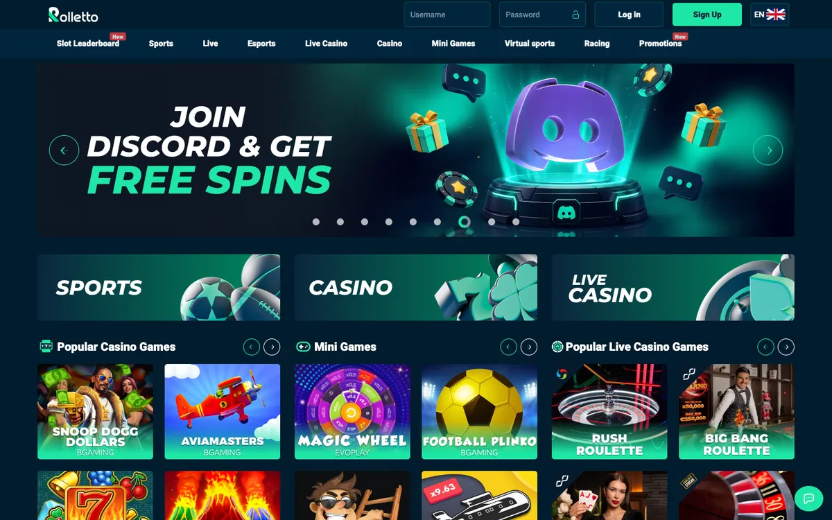 Rolletto Casino — Home page, captured from United Kingdom