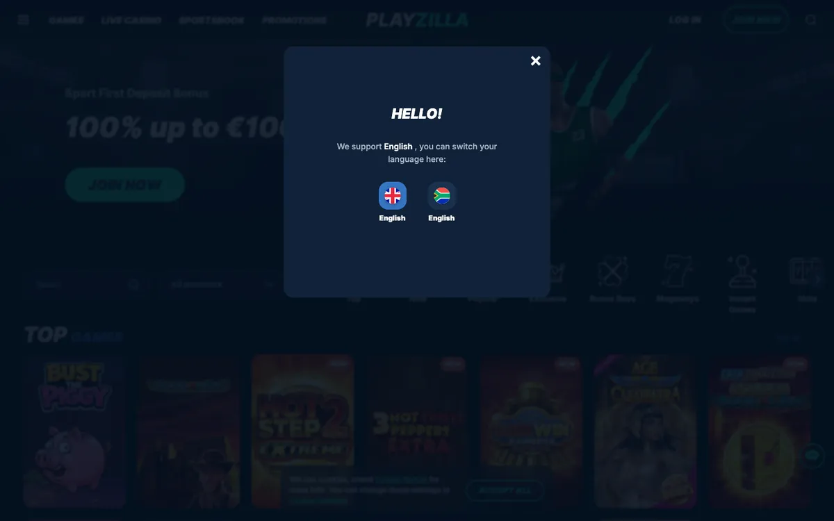PlayZilla Casino — Home page, captured from South Africa