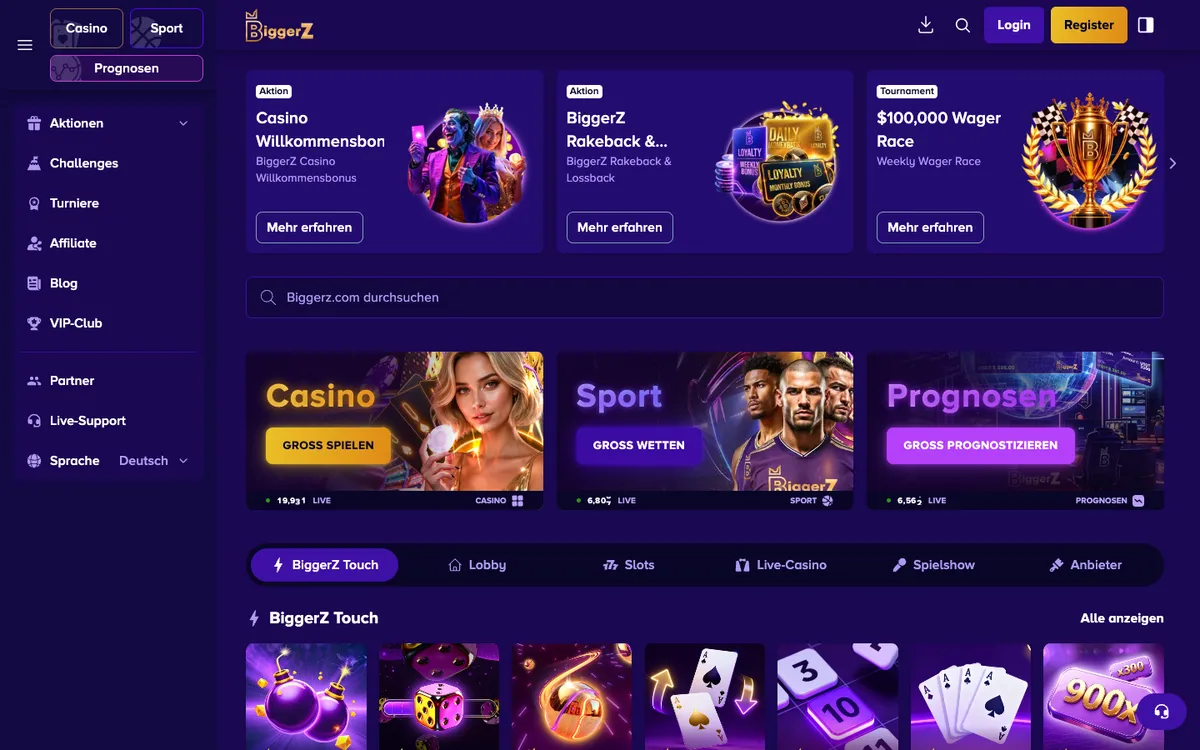 BiggerZ Casino — Home page, captured from Switzerland