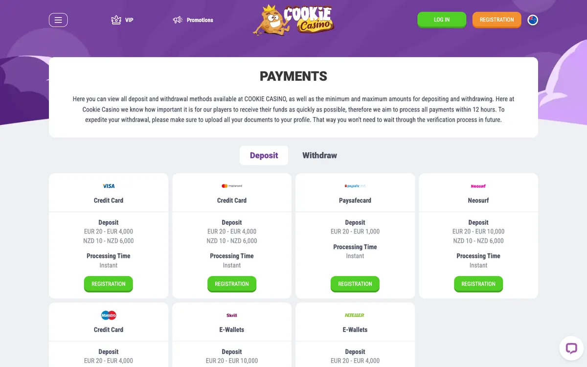 CookieCasino — Payments, captured from New Zealand