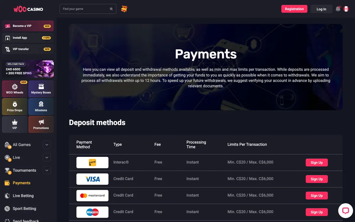 Woocasino — Payments, captured from Canada