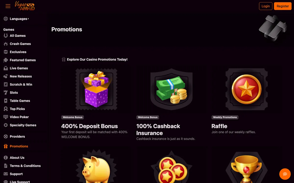 VegasAmped Casino — «Акции», снято из страны Австралия