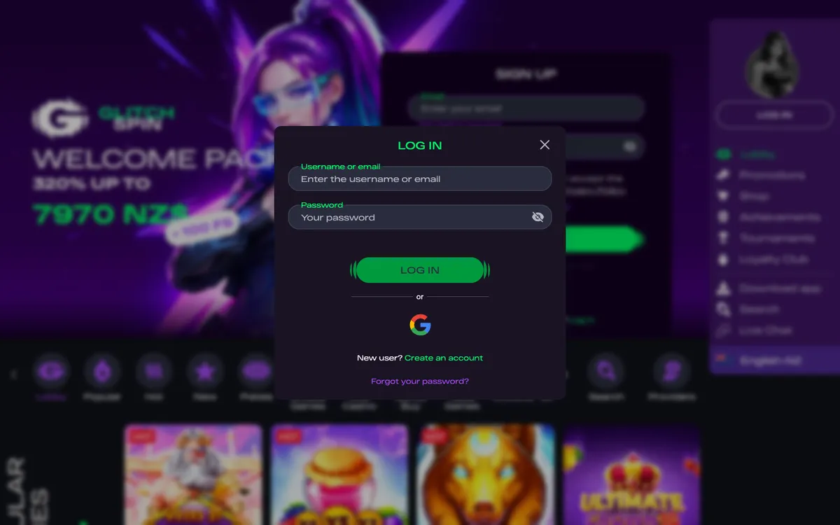 Glitchspin Casino — «Регистрация», снято из страны Новая Зеландия