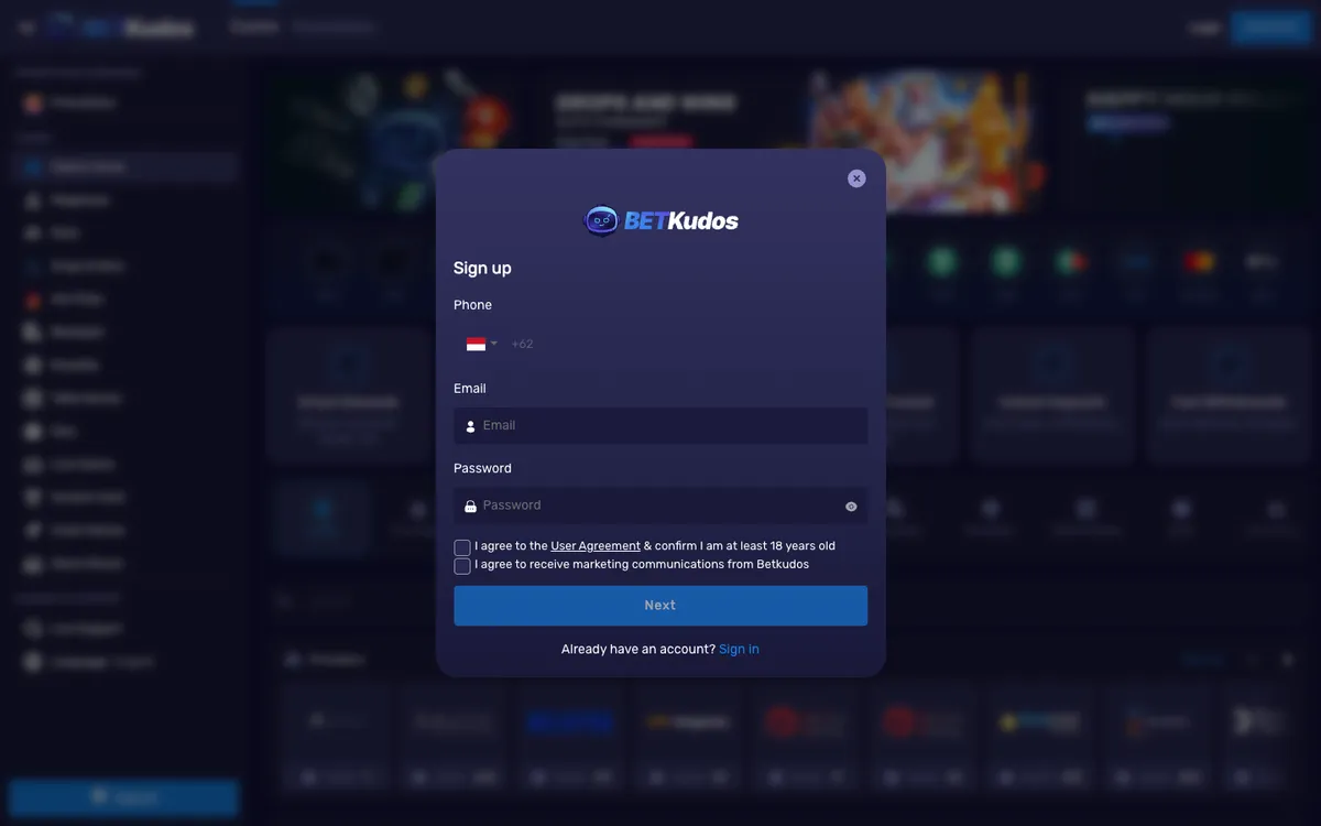 BetKudos Casino — Sign-up, captured from Indonesia