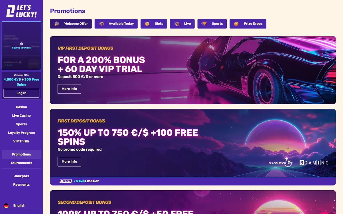 LetsLucky Casino — Promotions, captured from Germany