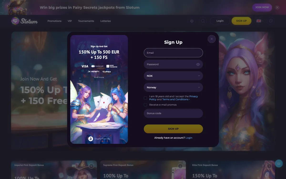 Slotum Casino — «Регистрация», снято из страны Норвегия