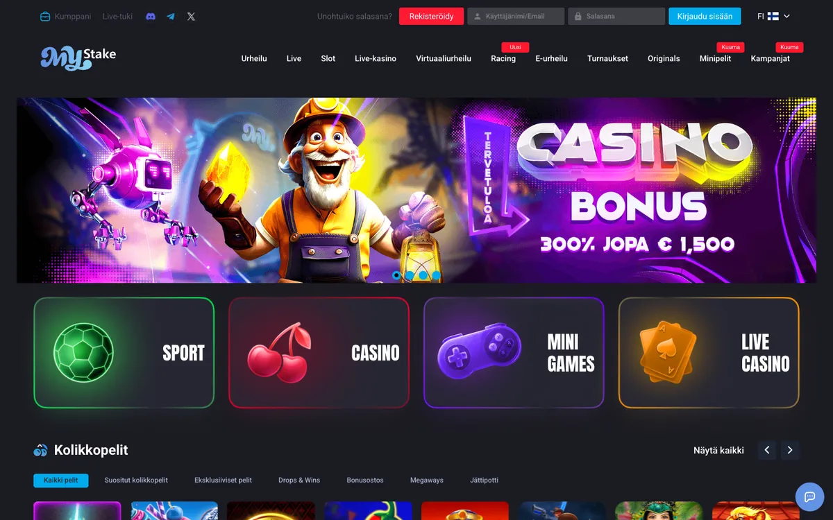Mystake Casino — Home page, captured from Finland