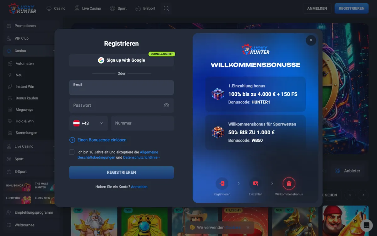 Lucky Hunter Casino — Sign-up, captured from Austria