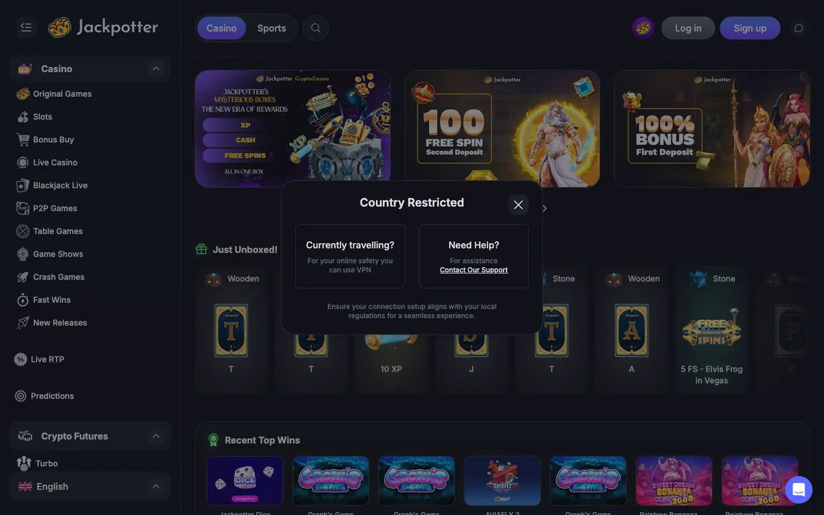 Jackpotter Casino — «Регистрация», снято из страны Великобритания