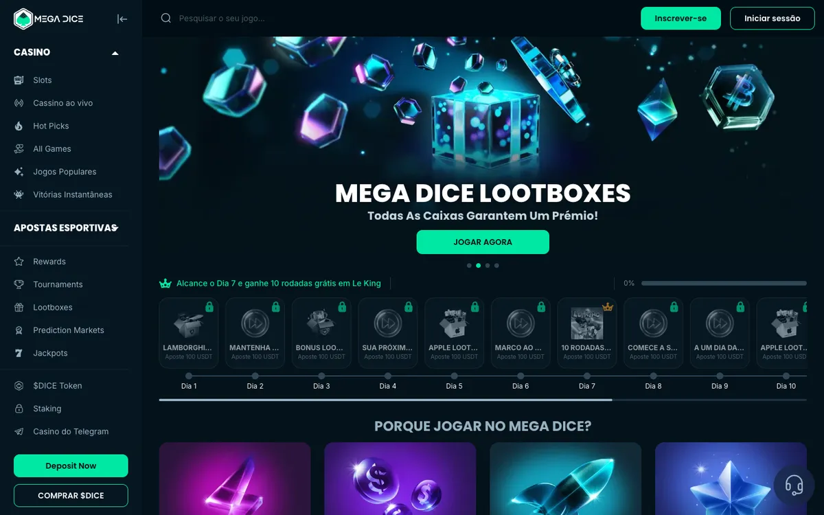 Mega Dice Casino — Home page, captured from Brazil