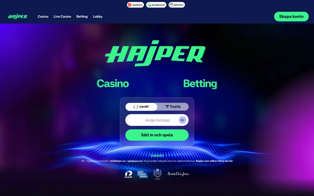Hajper Casino — Home page, captured from Sweden