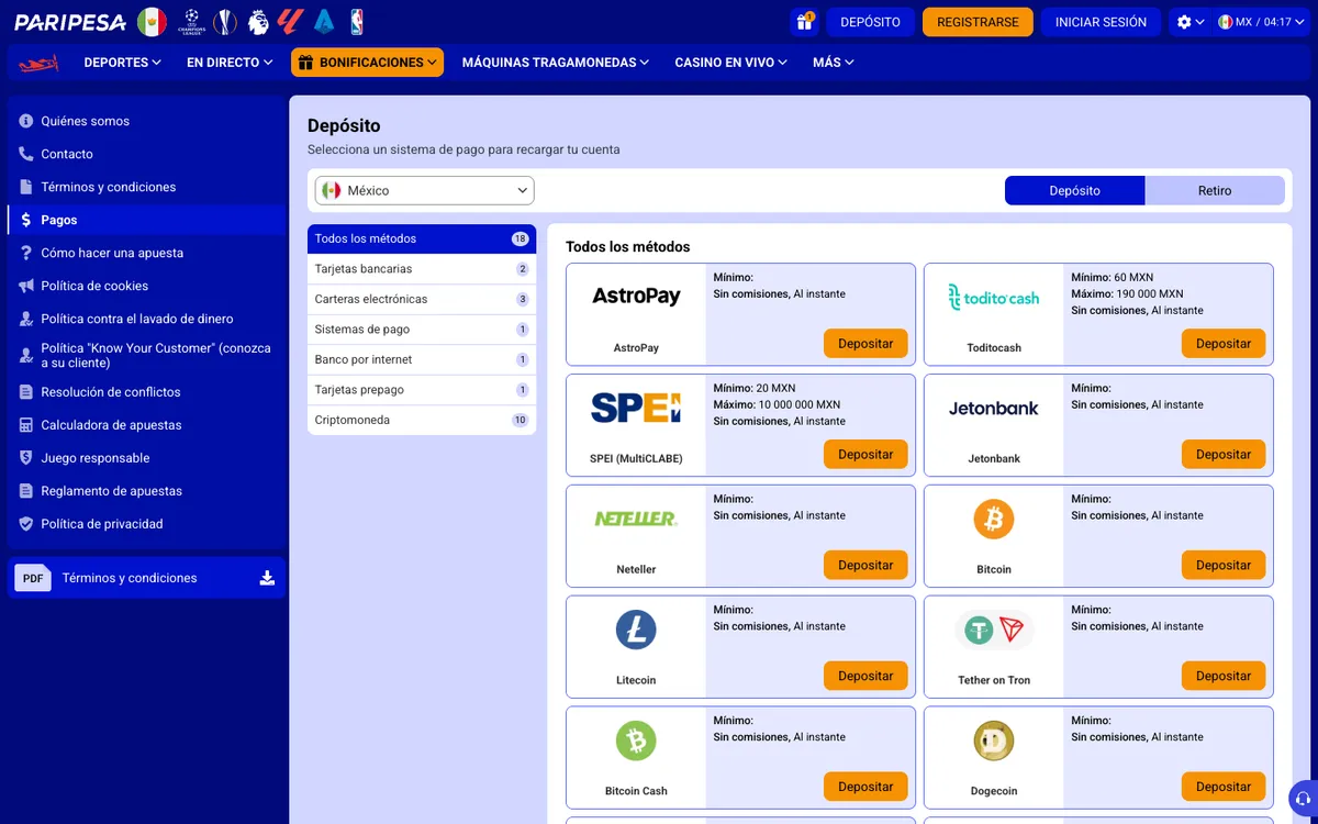 Paripesa Casino — «Платежи», снято из страны Мексика