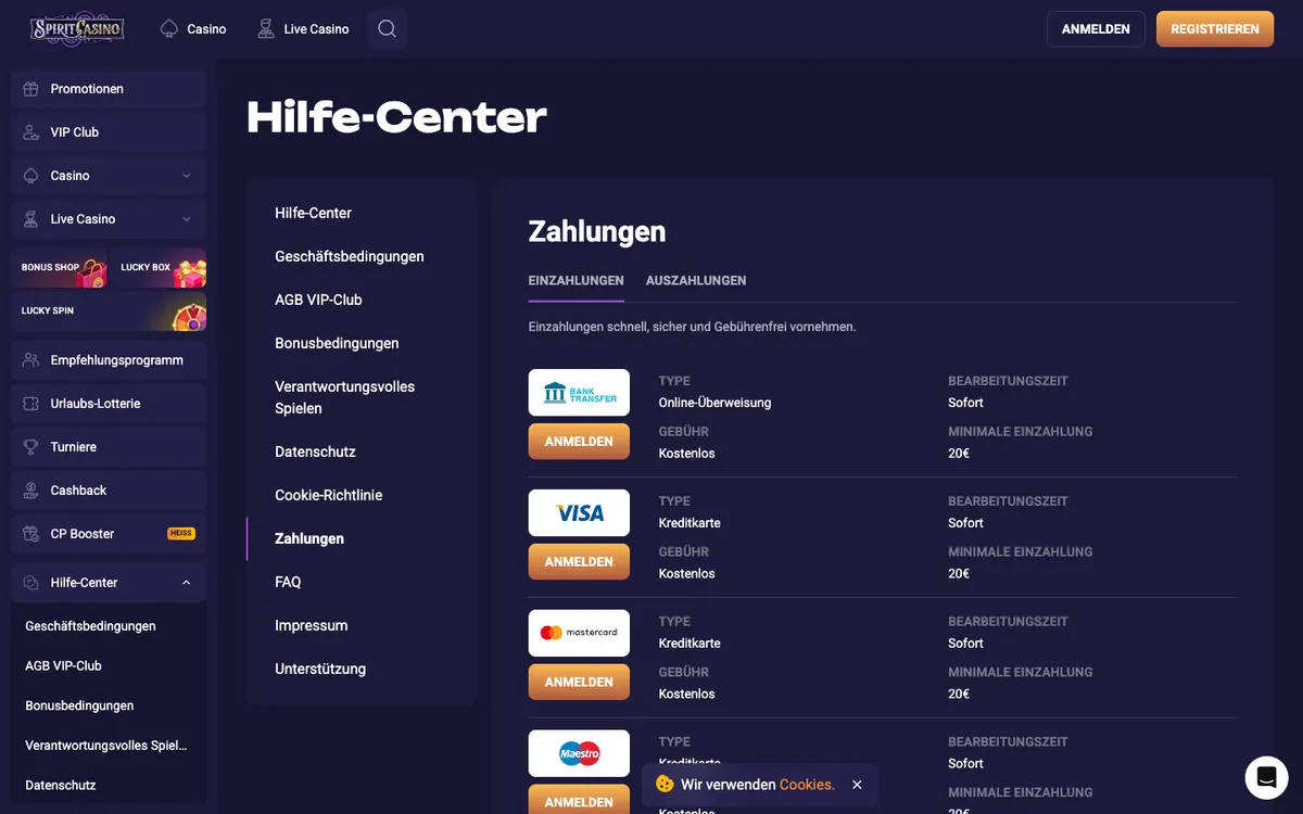 Spirit Casino — Payments, captured from Germany