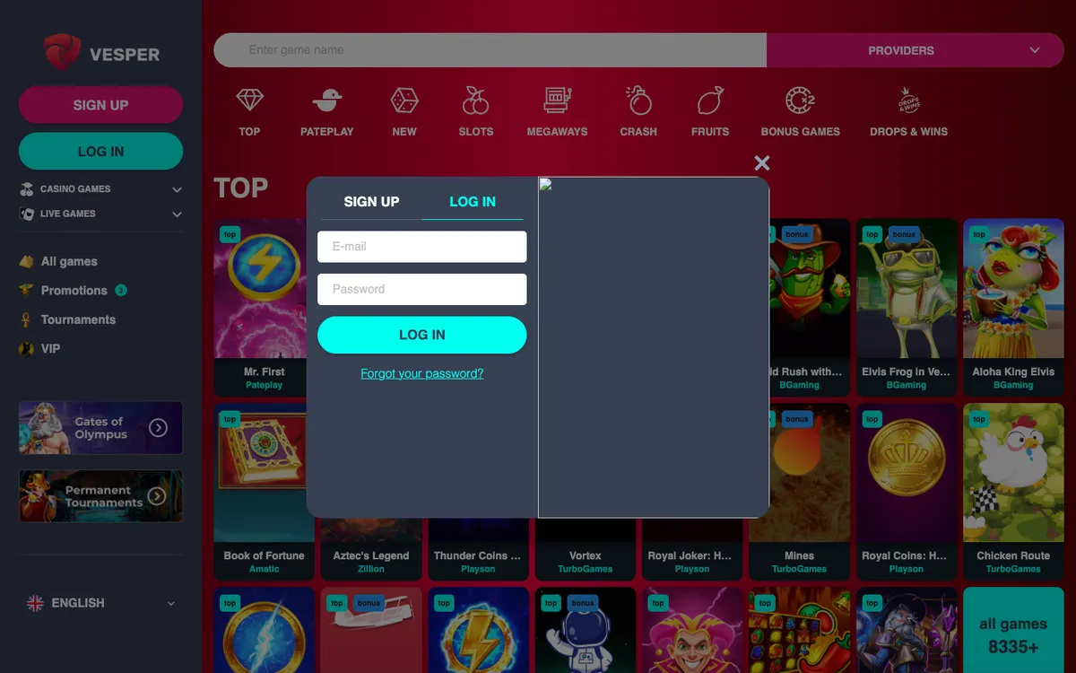 Vesper Casino — Sign-up, captured from Australia