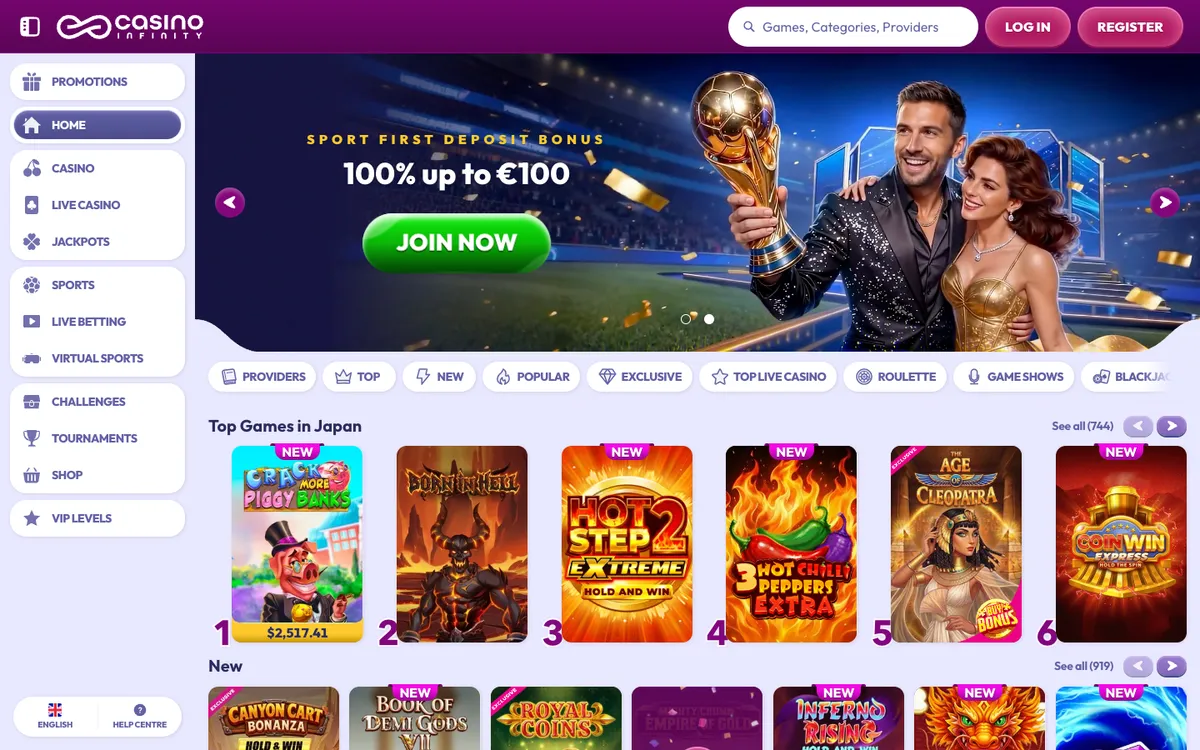Casino Infinity — Home page, captured from Japan