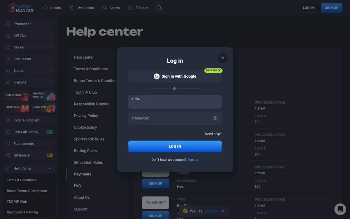 Lucky Hunter Casino — Sign-up, captured from New Zealand