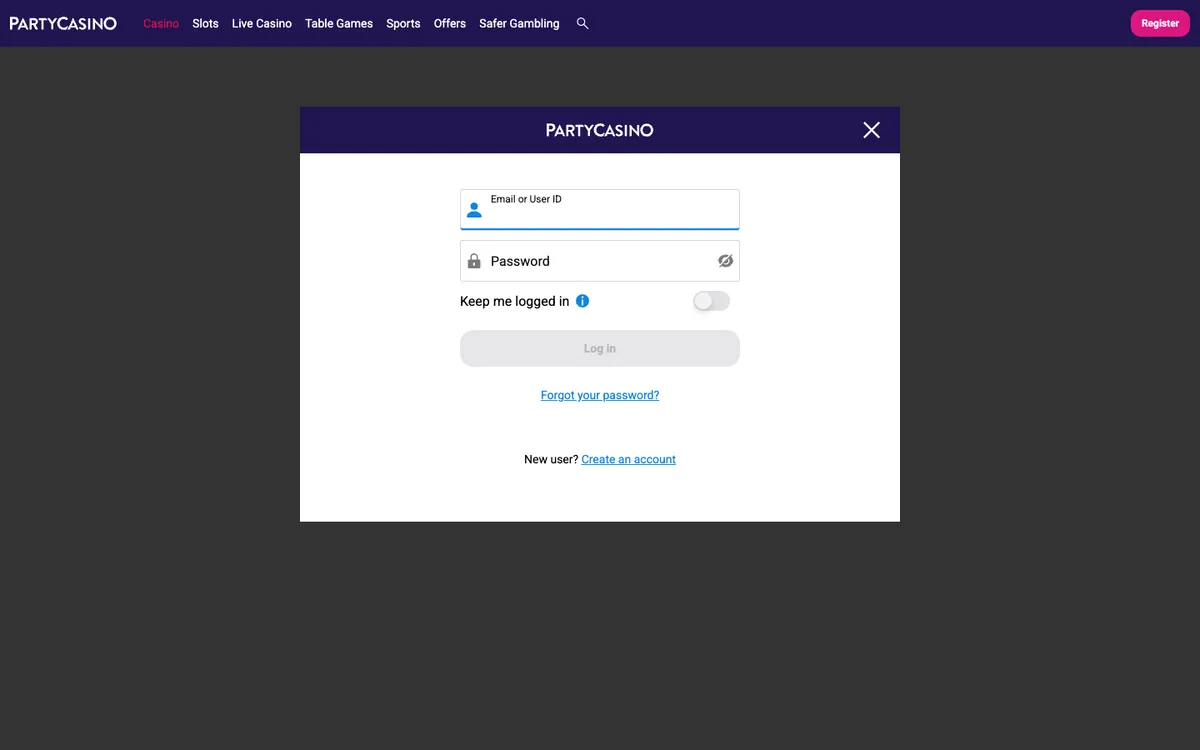 PartyCasino — Sign-up, captured from United Kingdom