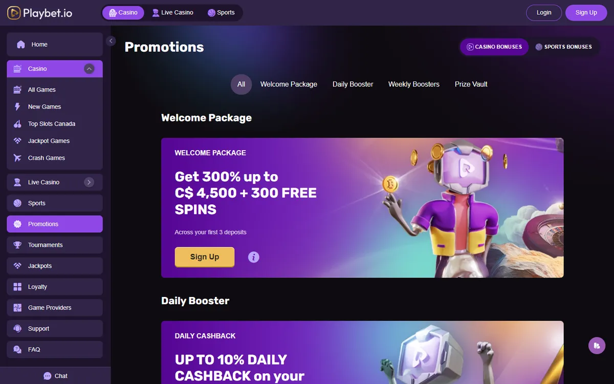 Playbet.io Casino — Promotions, captured from Canada
