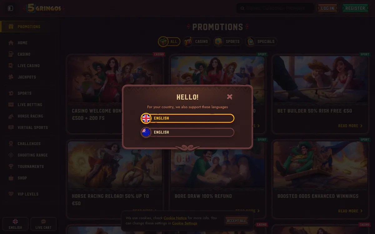 5Gringos Casino — «Акции», снято из страны Новая Зеландия