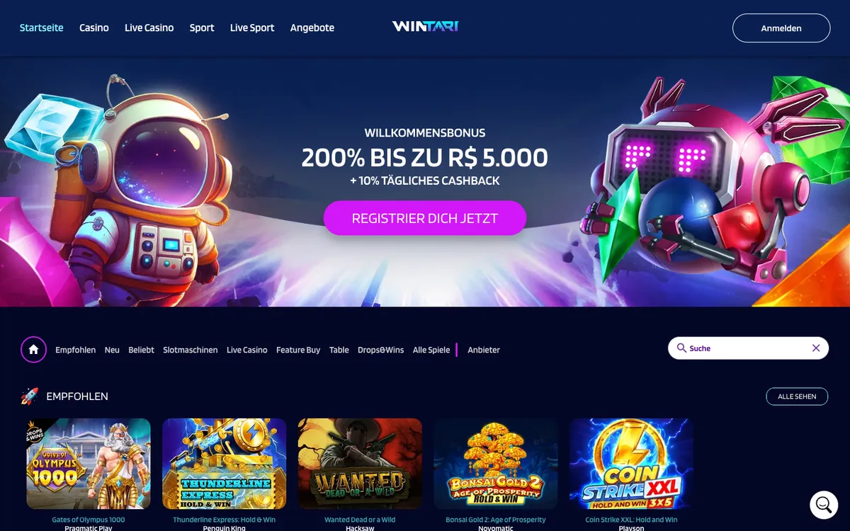 Wintari Casino — Home page, captured from Austria