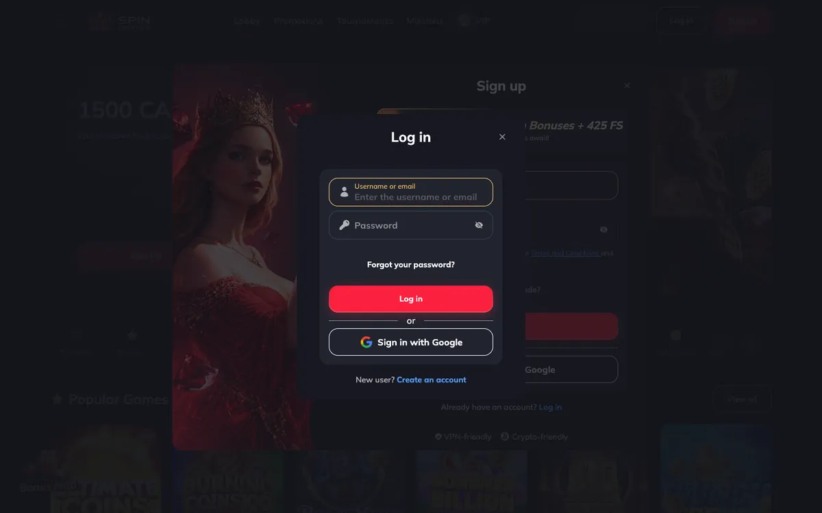 Spin Empire Casino — Sign-up, captured from Canada