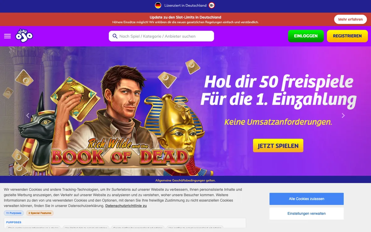 PlayOJO Casino — Home page, captured from Switzerland
