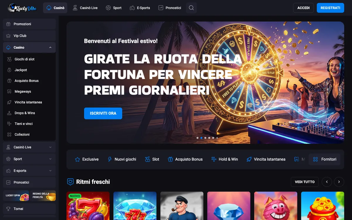 Lucky Vibe Casino — Home page, captured from Italy