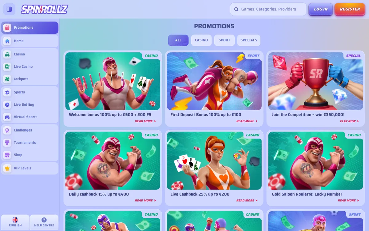 Spinrollz Casino — Promotions, captured from South Africa