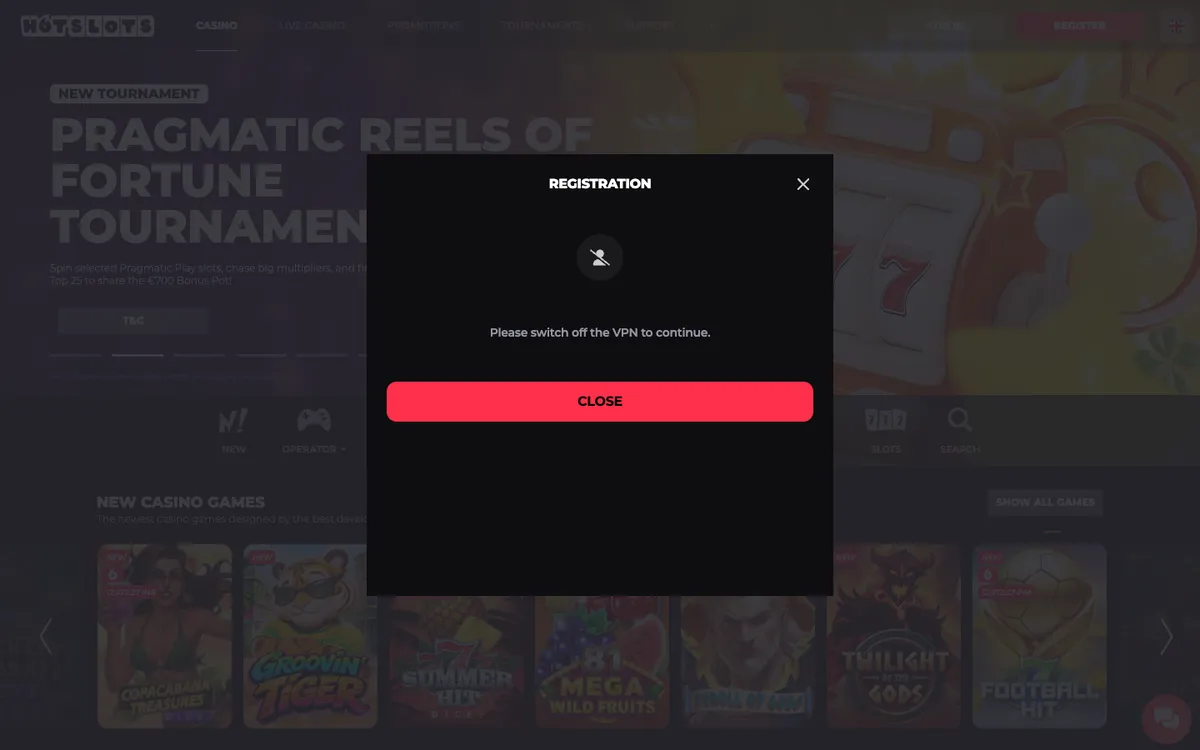 HotSlots Casino — Sign-up, captured from Slovenia