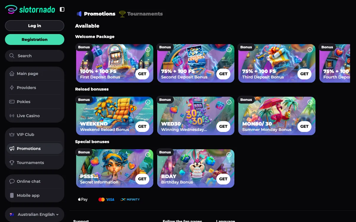 Slotornado Casino — Promotions, captured from Australia