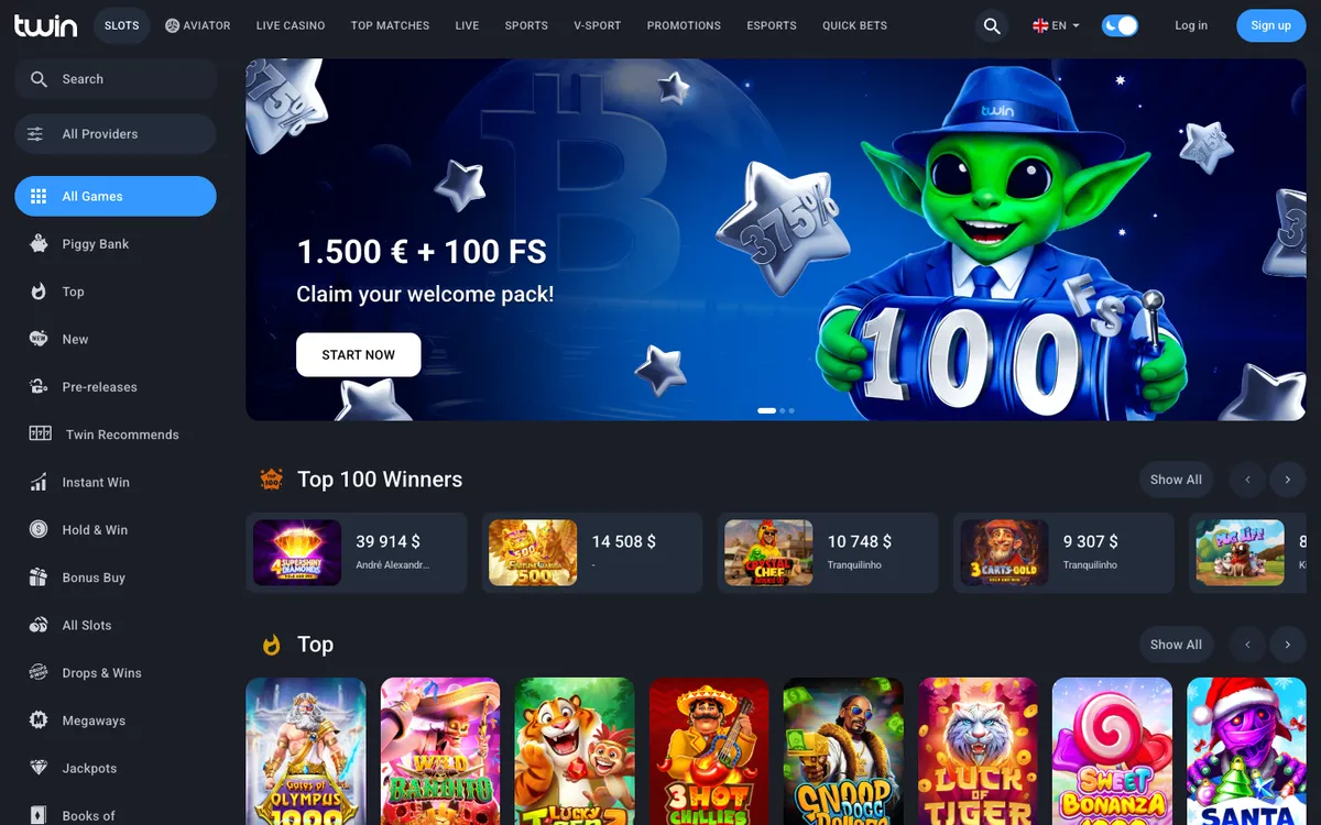 Twin Casino — Home page, captured from Belgium