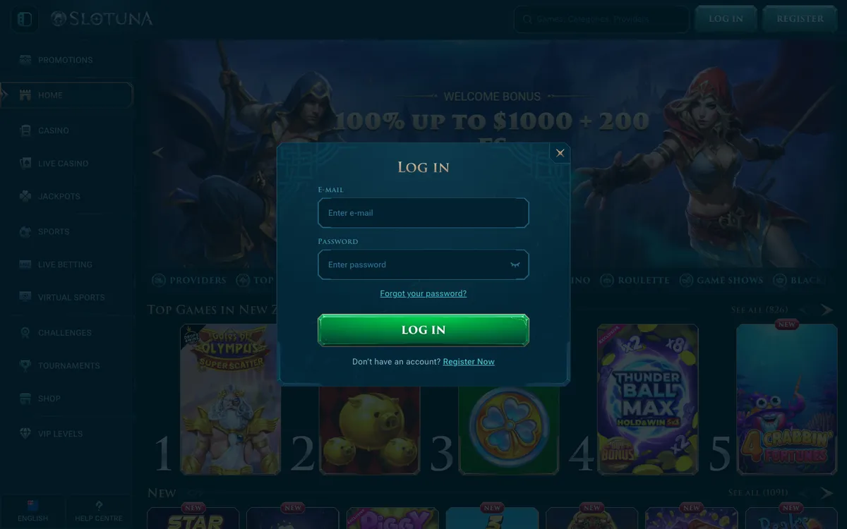 Slotuna Casino — «Регистрация», снято из страны Новая Зеландия