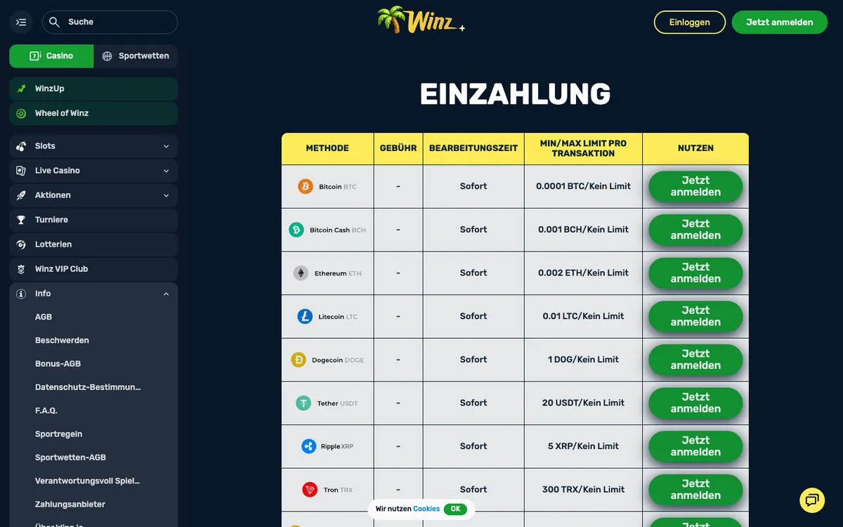 Winz.io Casino — Payments, captured from Germany