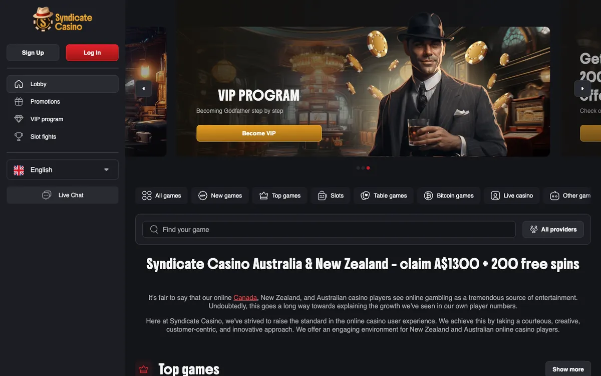 Syndicate Casino — Home page, captured from Canada