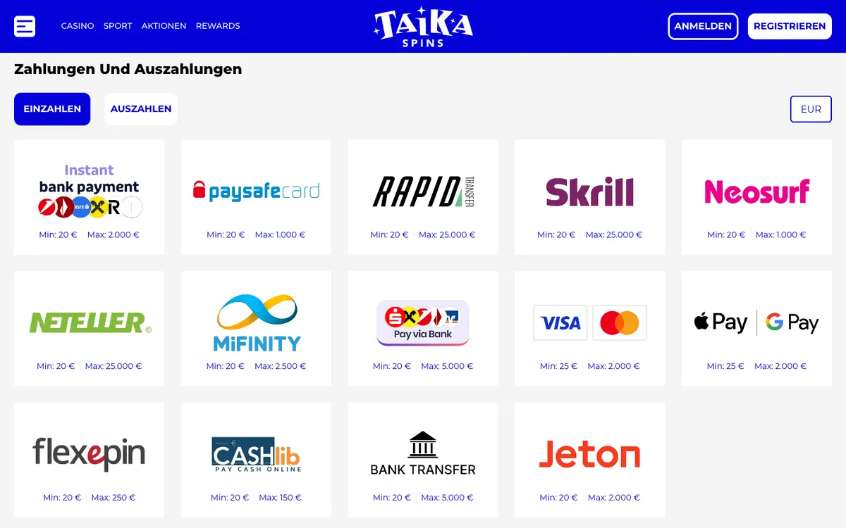 Taikaspins Casino — «Платежи», снято из страны Австрия