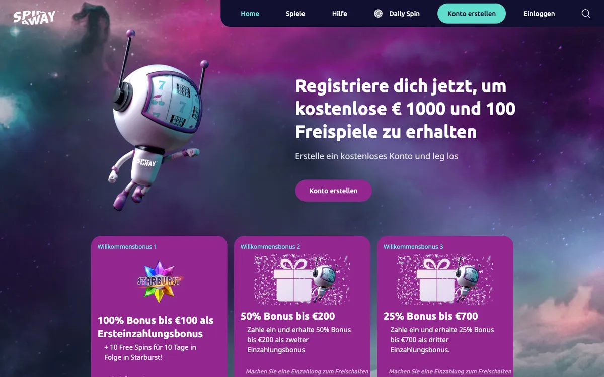 Spin Away Casino — Home page, captured from Austria