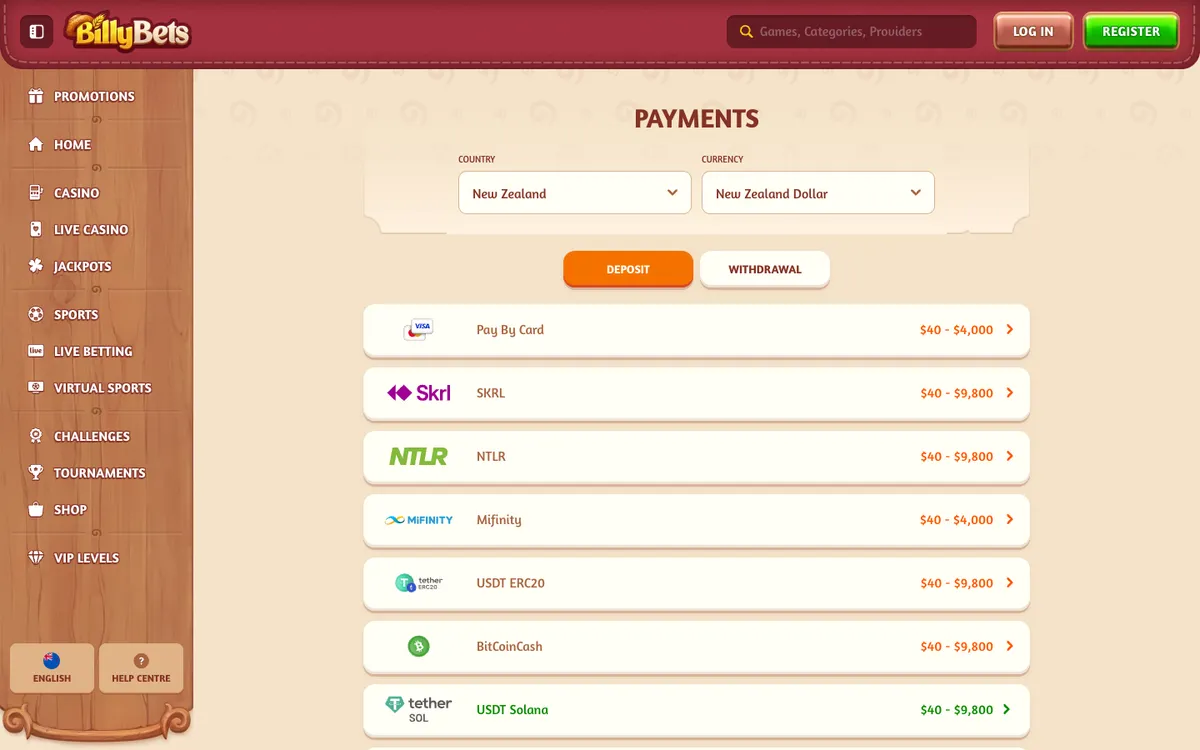BillyBets Casino — Payments, captured from New Zealand