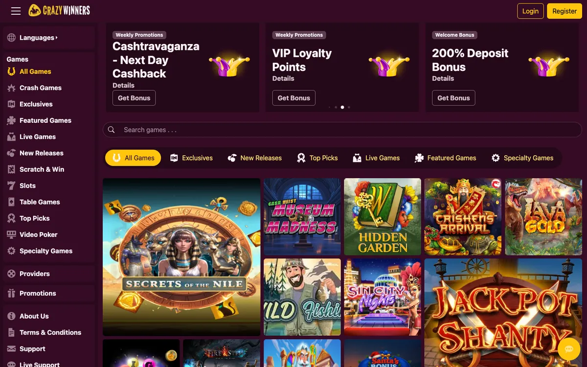 CrazyWinners Casino — «Главная», снято из страны Бельгия