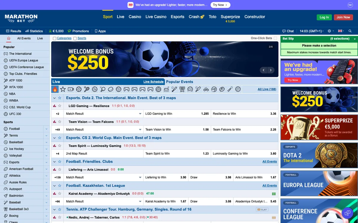 Marathonbet Casino — «Главная», снято из страны Малайзия