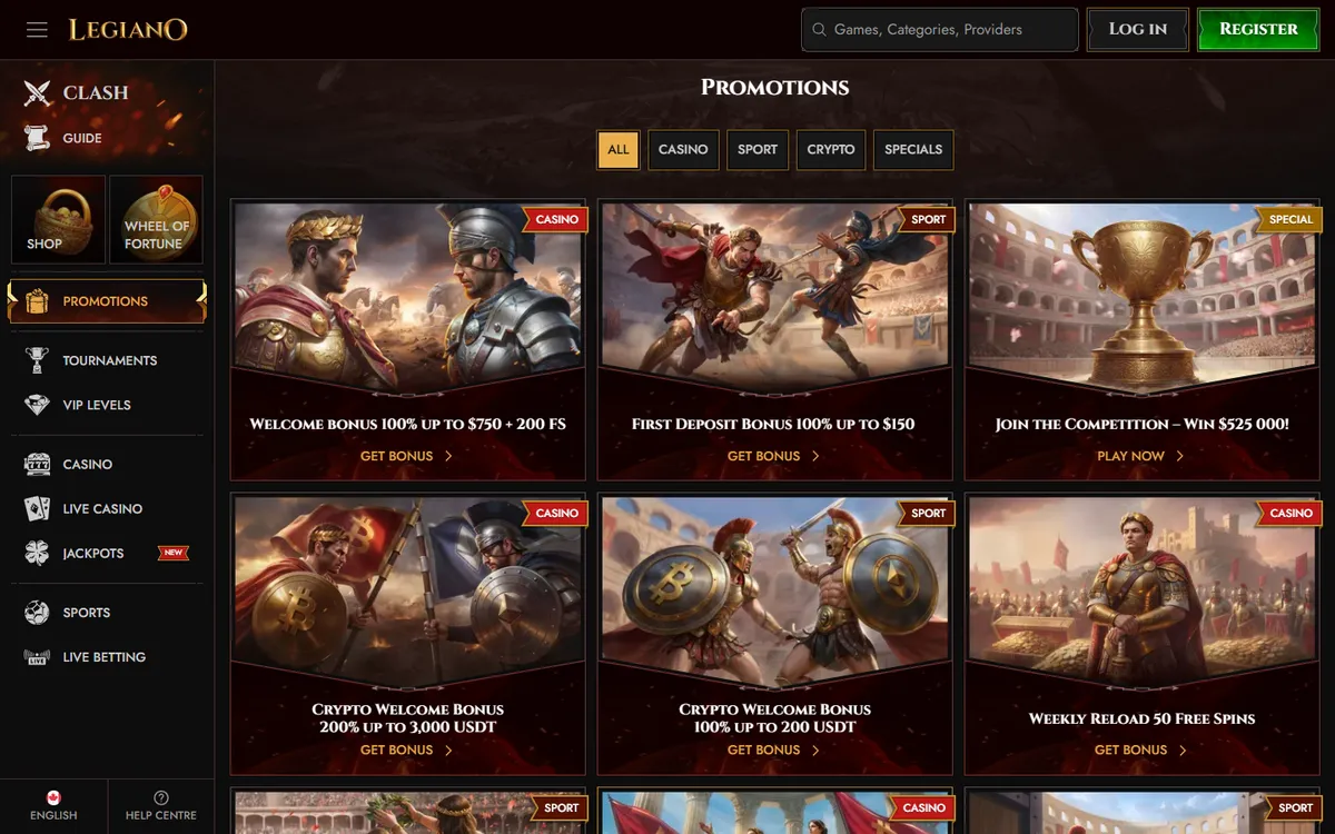 Legiano Casino — Promotions, captured from Canada